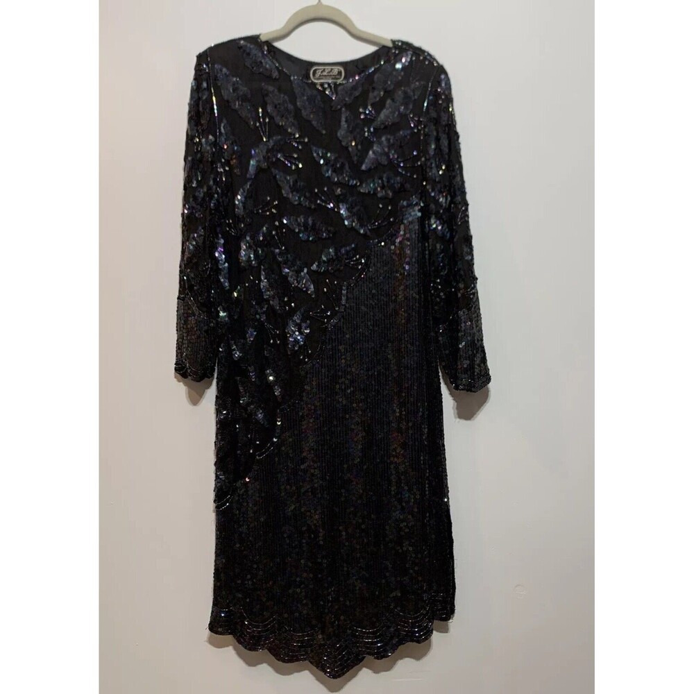 Vintage J.L.B 100% Pure Silk Sequin Black 80’s 90’s Cocktail Party Dress Size M